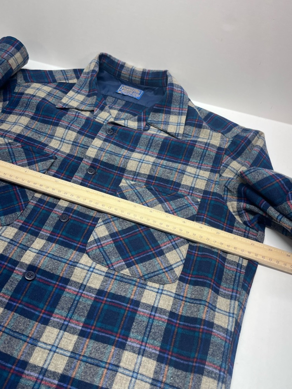 Pendleton Navy, Cream & Red Plaid Wool Shirt Mens Large Loop Collar - Picture 5 of 13